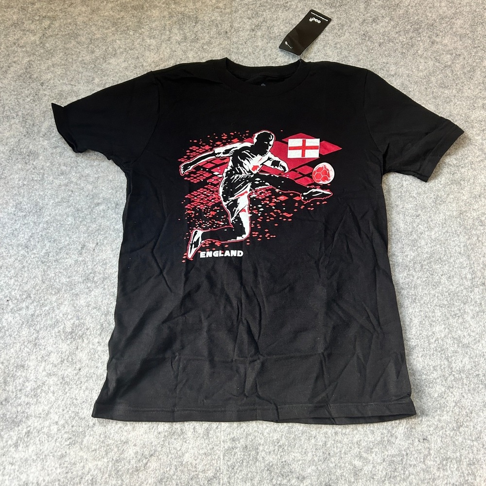 NWT England Soccer YOUTH MEDIUM 10/12 Flag T-Shirt Football Short Sleeve Black